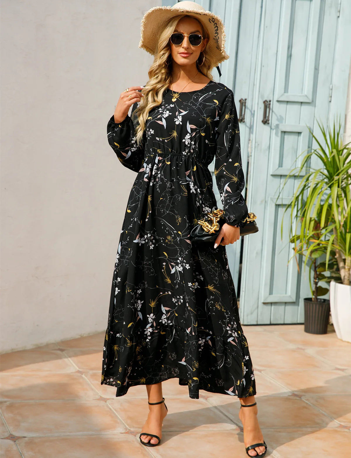 Modest Spring Autumn Floral Chiffon Waist-Controlled Slimming Long Sleeve Eid Ramadan Islam Muslim Women's Dress