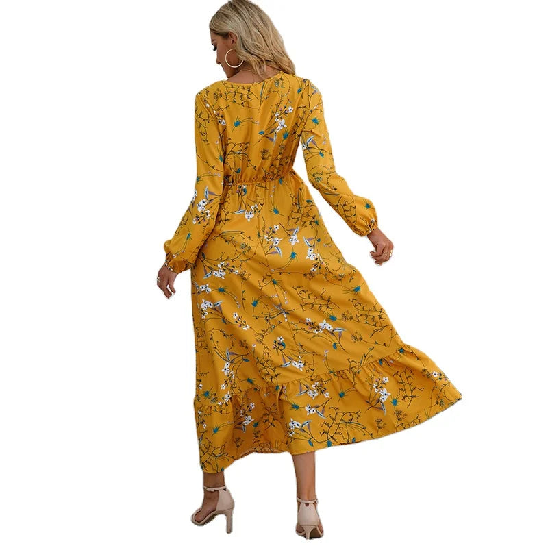 New Fashion Floral French Style Dresses Long Sleeve Elastic Waist O-neck A-line Women's Clothes Elegant Casual Long Dress