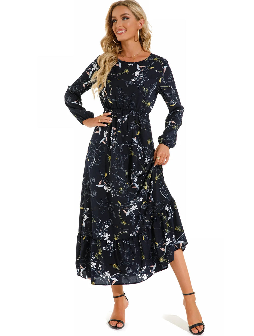 Modest Spring Autumn Floral Chiffon Waist-Controlled Slimming Long Sleeve Eid Ramadan Islam Muslim Women's Dress