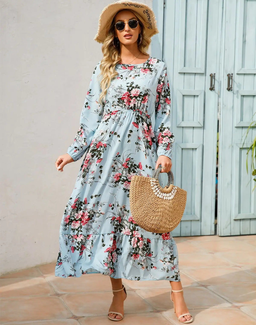 Modest Spring Autumn Floral Chiffon Waist-Controlled Slimming Long Sleeve Eid Ramadan Islam Muslim Women's Dress