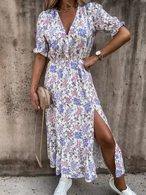 2022 Wholesale Retro New Fashion Women V-neck Slit Dress Floral Printing Short Sleeve Causal Short Sleeve Lady's Casual Dress