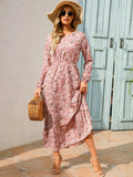 New Fashion Floral French Style Dresses Long Sleeve Elastic Waist O-neck A-line Women's Clothes Elegant Casual Long Dress