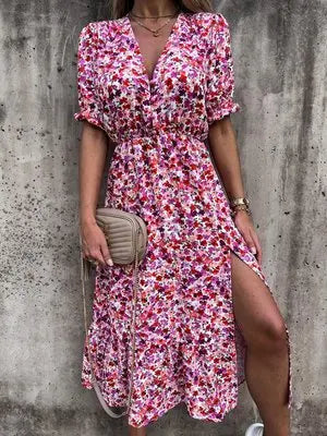 2022 Wholesale Retro New Fashion Women V-neck Slit Dress Floral Printing Short Sleeve Causal Short Sleeve Lady's Casual Dress