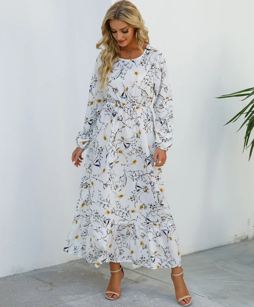 Modest Spring Autumn Floral Chiffon Waist-Controlled Slimming Long Sleeve Eid Ramadan Islam Muslim Women's Dress