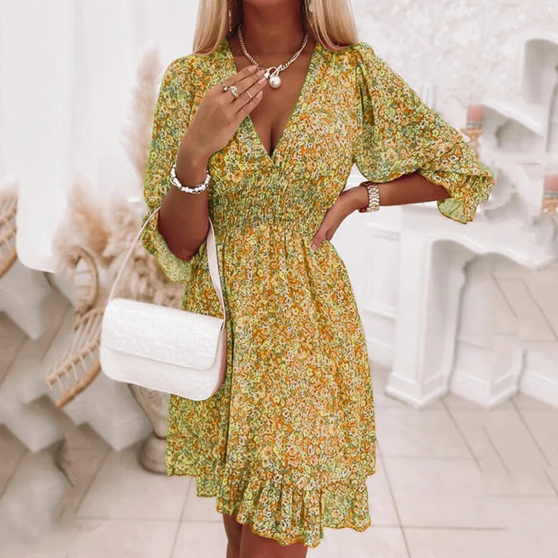Casual Floral Print Women Dress Summer Half Sleeve Short Dress Sundress Fashion Party Dresses