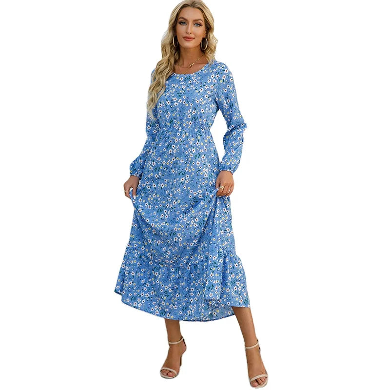 New Fashion Floral French Style Dresses Long Sleeve Elastic Waist O-neck A-line Women's Clothes Elegant Casual Long Dress