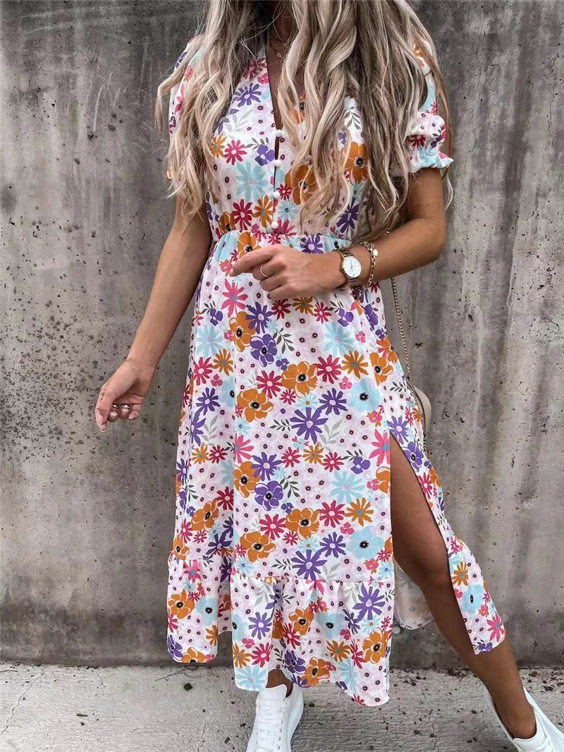 2022 Wholesale Retro New Fashion Women V-neck Slit Dress Floral Printing Short Sleeve Causal Short Sleeve Lady's Casual Dress