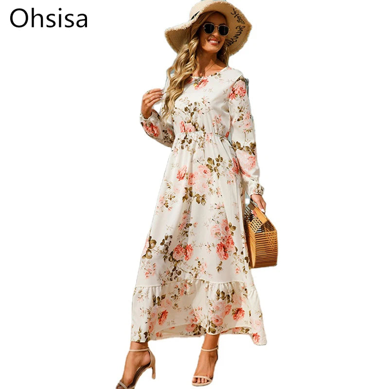 New Fashion Floral French Style Dresses Long Sleeve Elastic Waist O-neck A-line Women's Clothes Elegant Casual Long Dress