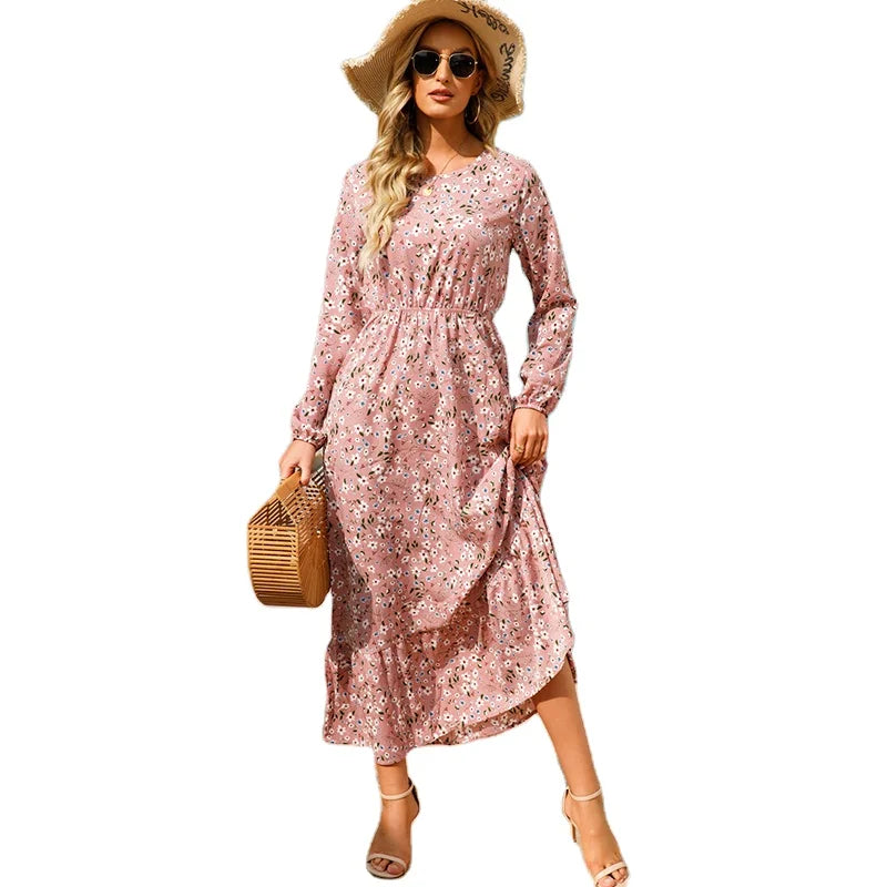 New Fashion Floral French Style Dresses Long Sleeve Elastic Waist O-neck A-line Women's Clothes Elegant Casual Long Dress