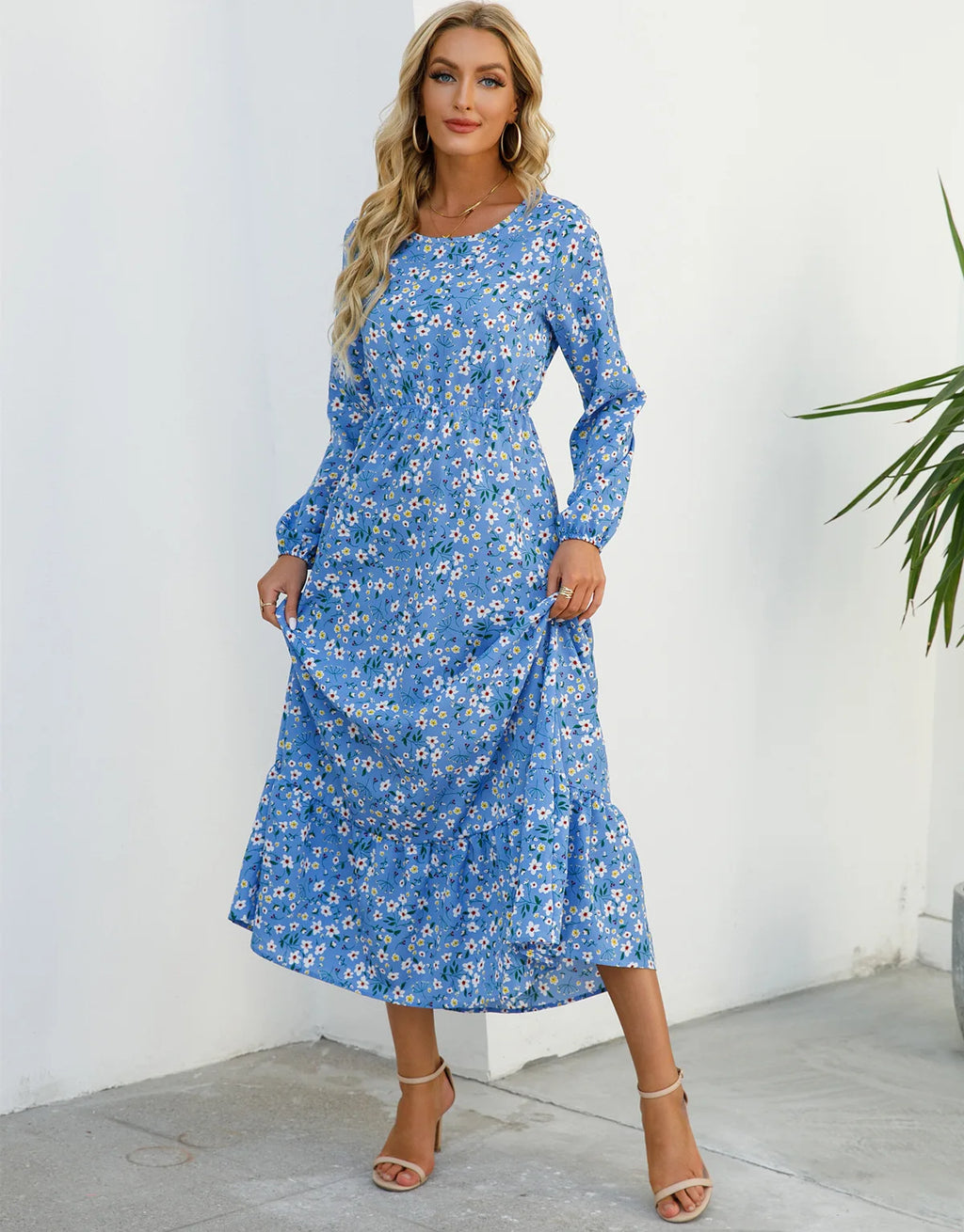 Modest Spring Autumn Floral Chiffon Waist-Controlled Slimming Long Sleeve Eid Ramadan Islam Muslim Women's Dress