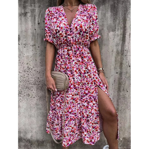 2022 Wholesale Retro New Fashion Women V-neck Slit Dress Floral Printing Short Sleeve Causal Short Sleeve Lady's Casual Dress