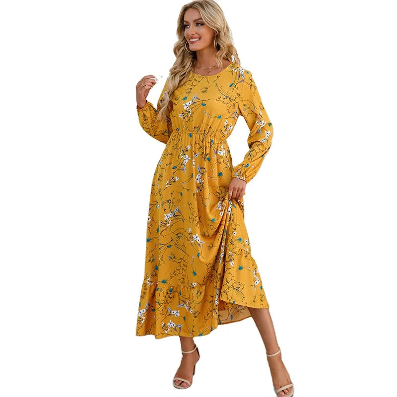 New Fashion Floral French Style Dresses Long Sleeve Elastic Waist O-neck A-line Women's Clothes Elegant Casual Long Dress