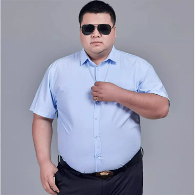 Plus Size 11XL 10XL Men's Business Shirt Casual Short Sleeve Summer Versatile Black-White Twill Plain Basic Social Formal 155KG