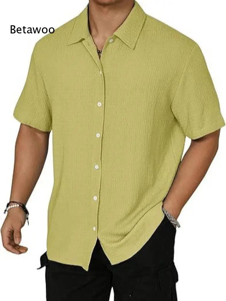 Summer Men Loose Short Sleeve Shirt Lapel Collar Solid Wrinkle Textured Fabric For Outdoor Street And Holiday Daily Wearing