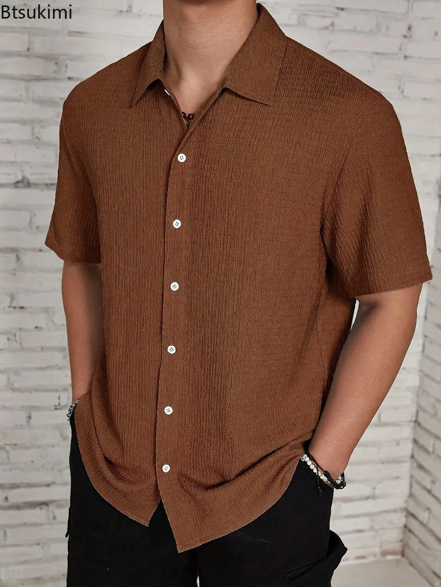 New Men's Summer Short Sleeve Shirts Solid Color Summer Fashionable Turn-down Collar Comfortable Breathable Male Tops Shirts