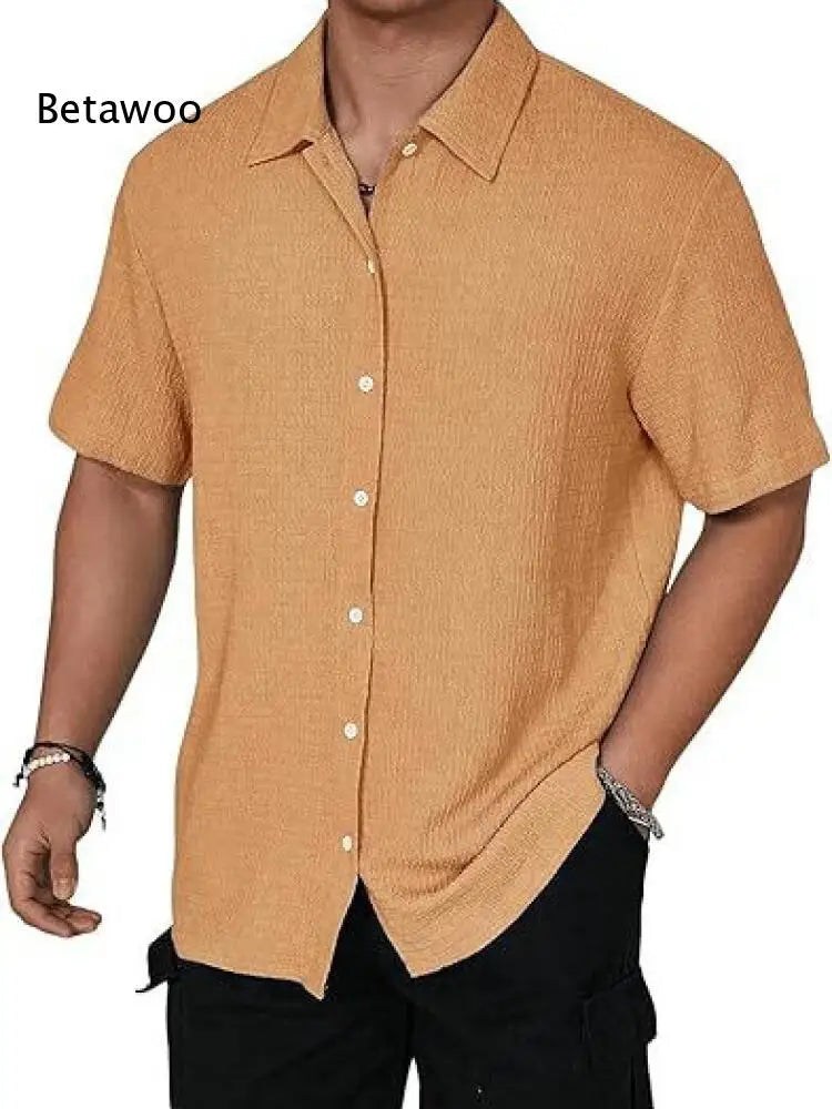 Summer Men Loose Short Sleeve Shirt Lapel Collar Solid Wrinkle Textured Fabric For Outdoor Street And Holiday Daily Wearing