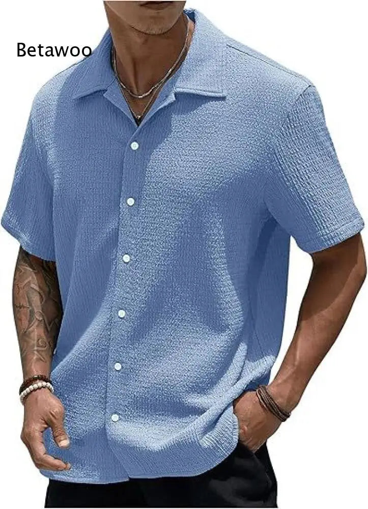 Summer Men Loose Short Sleeve Shirt Lapel Collar Solid Wrinkle Textured Fabric For Outdoor Street And Holiday Daily Wearing