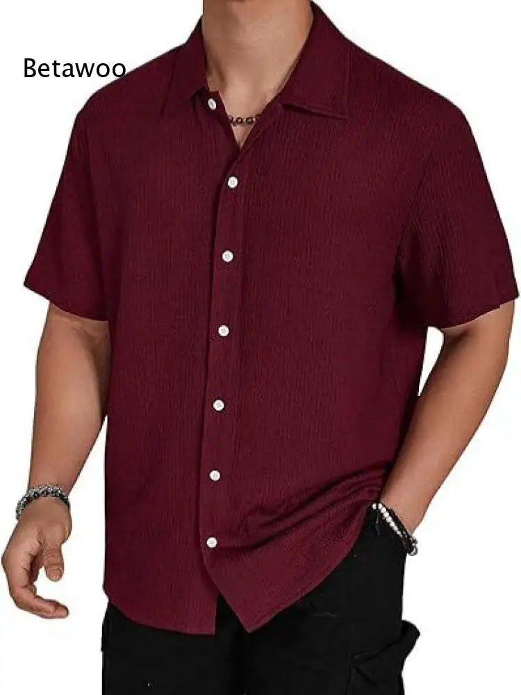 Summer Men Loose Short Sleeve Shirt Lapel Collar Solid Wrinkle Textured Fabric For Outdoor Street And Holiday Daily Wearing