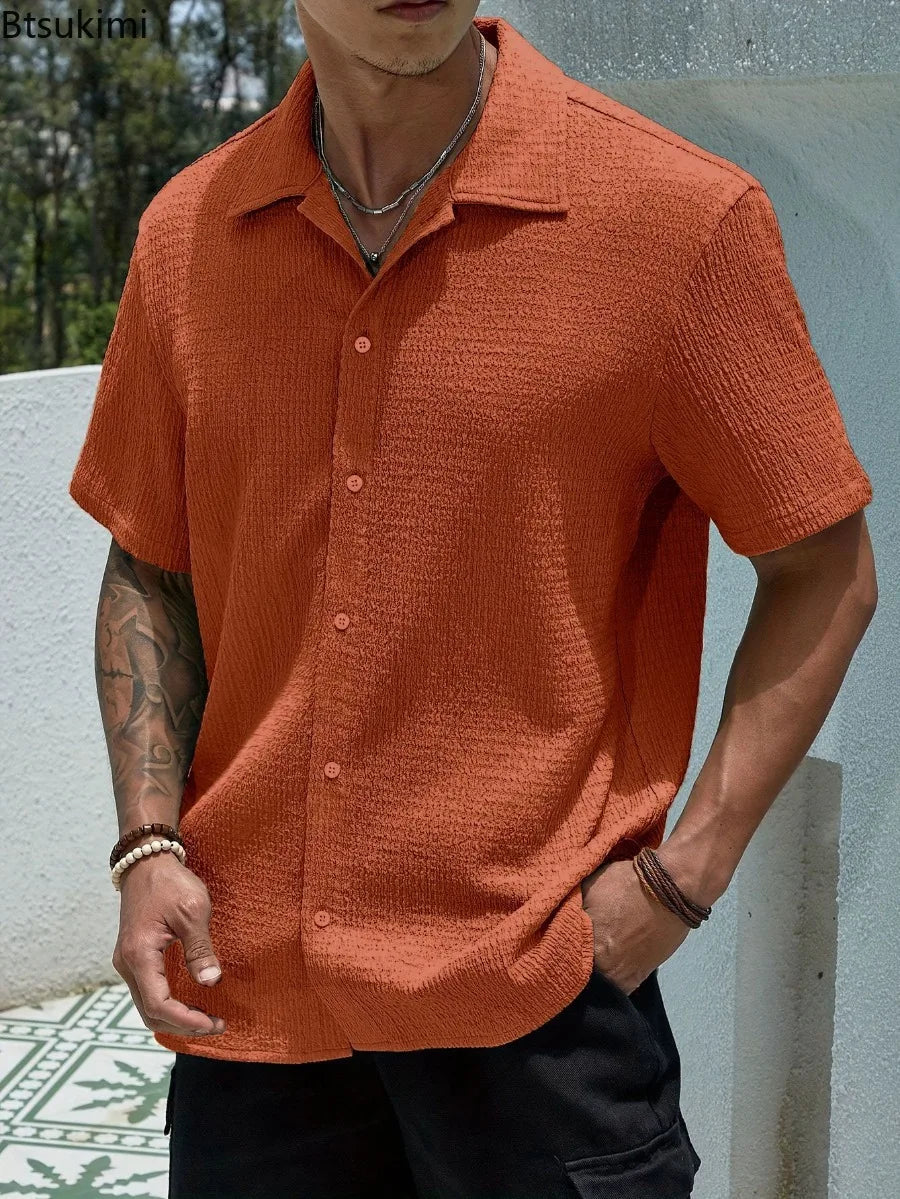 New Men's Summer Short Sleeve Shirts Solid Color Summer Fashionable Turn-down Collar Comfortable Breathable Male Tops Shirts