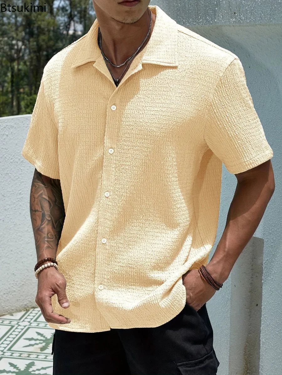 New Men's Summer Short Sleeve Shirts Solid Color Summer Fashionable Turn-down Collar Comfortable Breathable Male Tops Shirts
