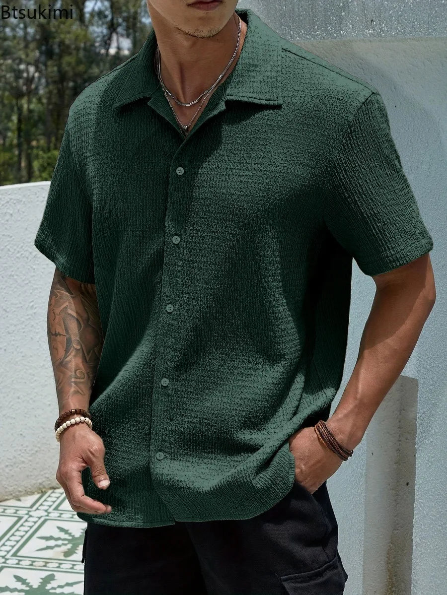 New Men's Summer Short Sleeve Shirts Solid Color Summer Fashionable Turn-down Collar Comfortable Breathable Male Tops Shirts
