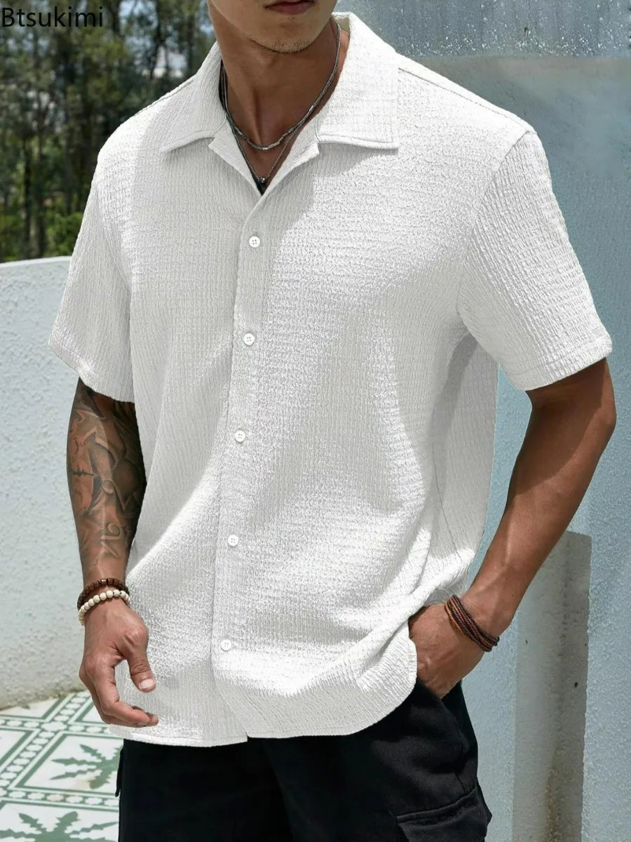 New Men's Summer Short Sleeve Shirts Solid Color Summer Fashionable Turn-down Collar Comfortable Breathable Male Tops Shirts