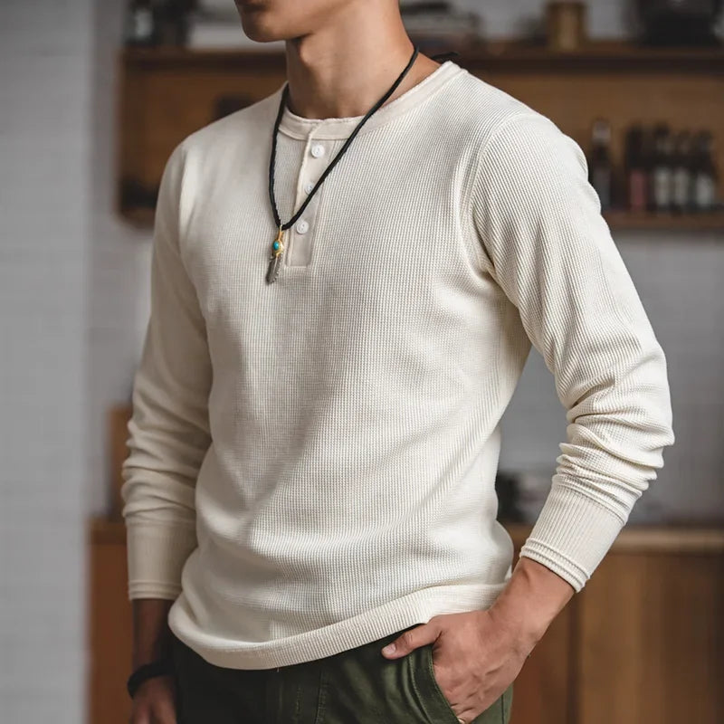 Maden Casual Heavyweight Beige Waffle Henry T-shirt Long-sleeved Pullover for Men's Spring Versatile T-shirts Basic Inner Layers