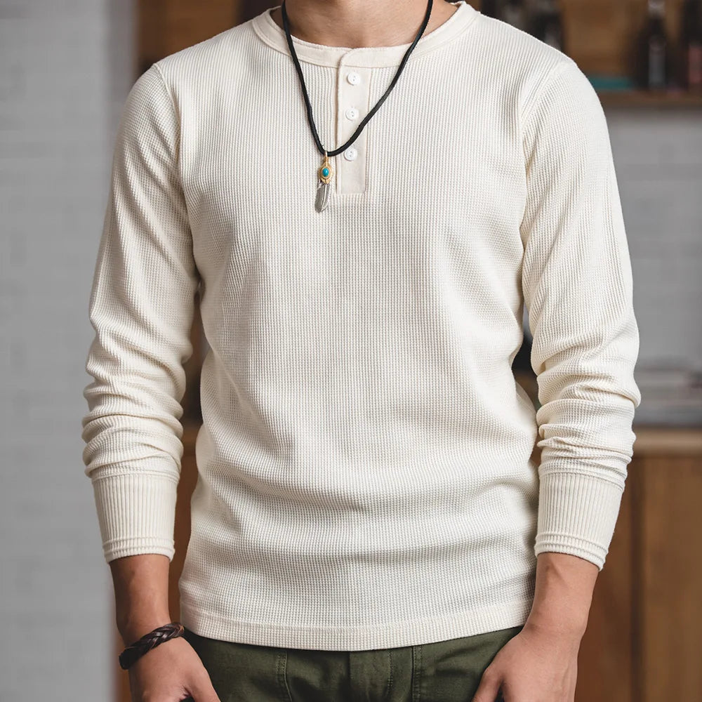 Maden Casual Heavyweight Beige Waffle Henry T-shirt Long-sleeved Pullover for Men's Spring Versatile T-shirts Basic Inner Layers
