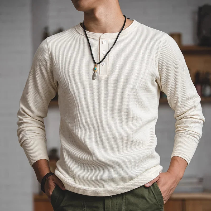 Maden Casual Heavyweight Beige Waffle Henry T-shirt Long-sleeved Pullover for Men's Spring Versatile T-shirts Basic Inner Layers