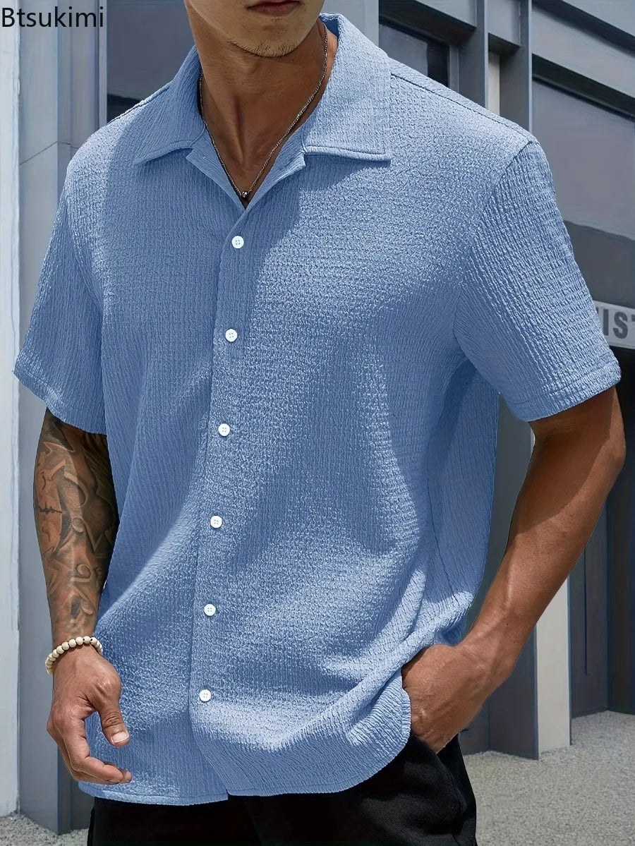 New Men's Summer Short Sleeve Shirts Solid Color Summer Fashionable Turn-down Collar Comfortable Breathable Male Tops Shirts