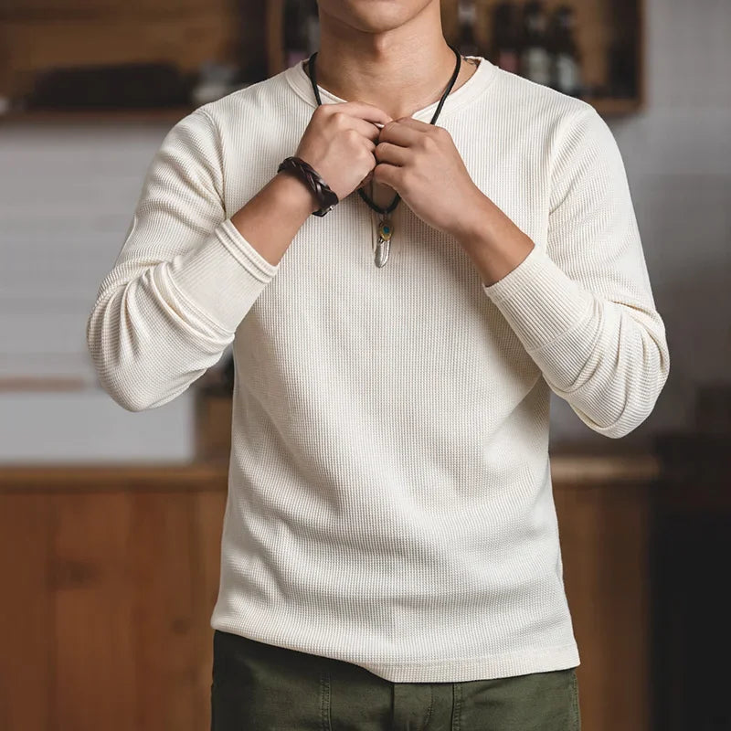 Maden Casual Heavyweight Beige Waffle Henry T-shirt Long-sleeved Pullover for Men's Spring Versatile T-shirts Basic Inner Layers