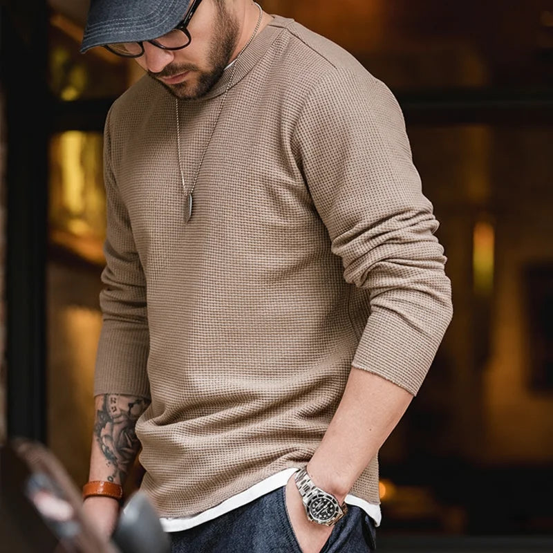 Maden Workwear Japanese Vintage Heavyweight 300g Waffle Round Neck T-shirt Sweater Long Sleeve Shirt For Men