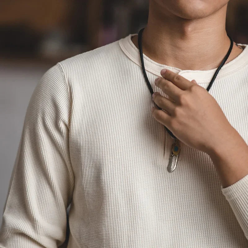 Maden Casual Heavyweight Beige Waffle Henry T-shirt Long-sleeved Pullover for Men's Spring Versatile T-shirts Basic Inner Layers