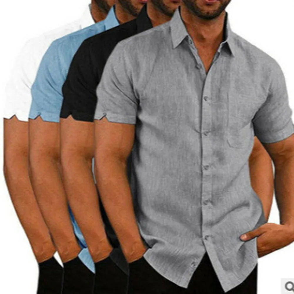 Men Pocket Blouse Tops Summer Male Turn Down Collar Button Short Sleeve Slim Solid Color Blouse Shirts YYCFS-19505