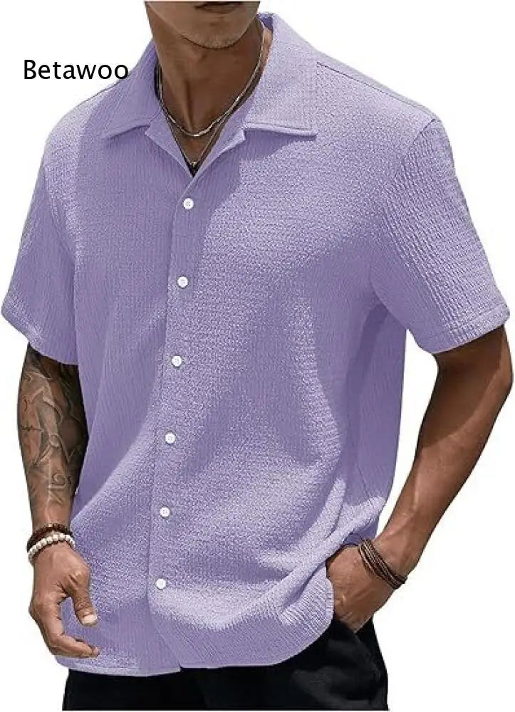 Summer Men Loose Short Sleeve Shirt Lapel Collar Solid Wrinkle Textured Fabric For Outdoor Street And Holiday Daily Wearing