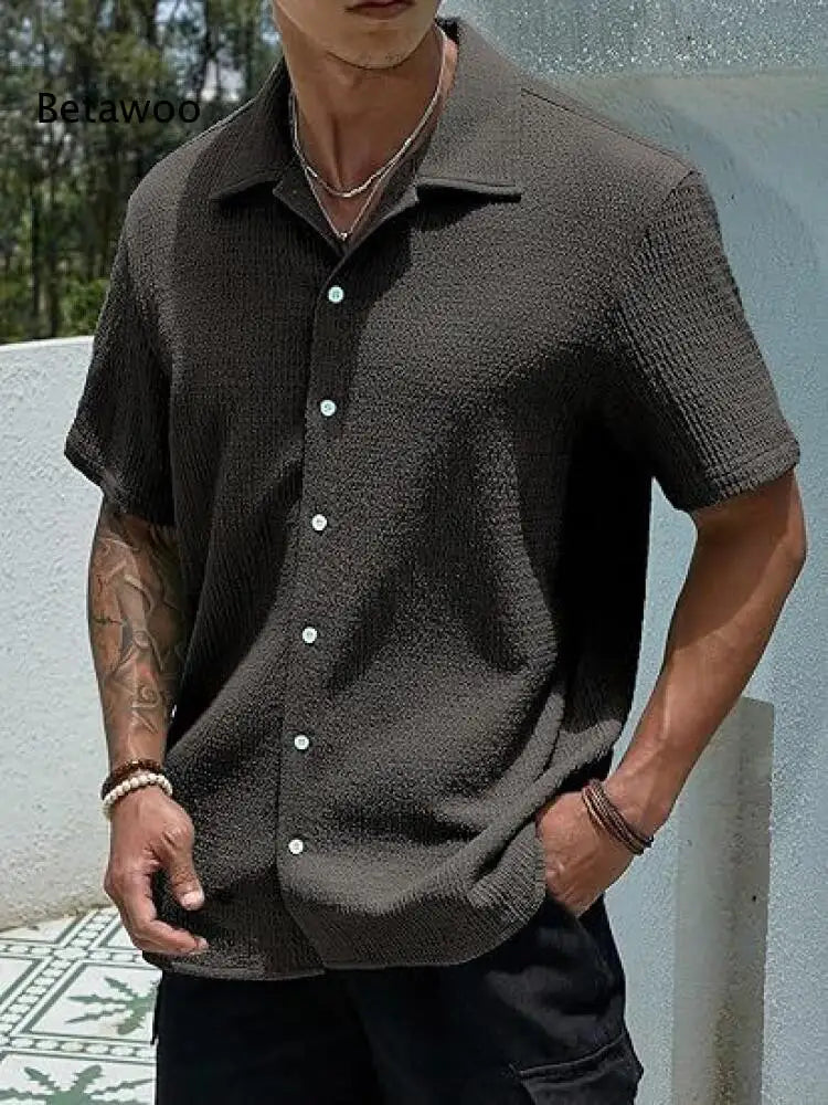 Summer Men Loose Short Sleeve Shirt Lapel Collar Solid Wrinkle Textured Fabric For Outdoor Street And Holiday Daily Wearing
