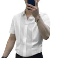 Men Summer Shirt Short Sleeves Turn-down Collar Solid Color Slim Fit Patchwork Soft Breathable Formal Business Style Men Top