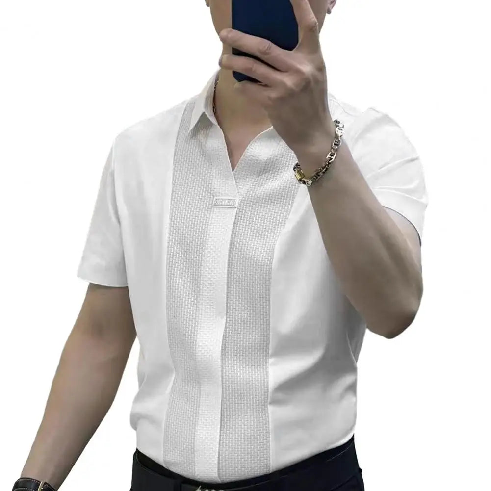 Men Summer Shirt Short Sleeves Turn-down Collar Solid Color Slim Fit Patchwork Soft Breathable Formal Business Style Men Top