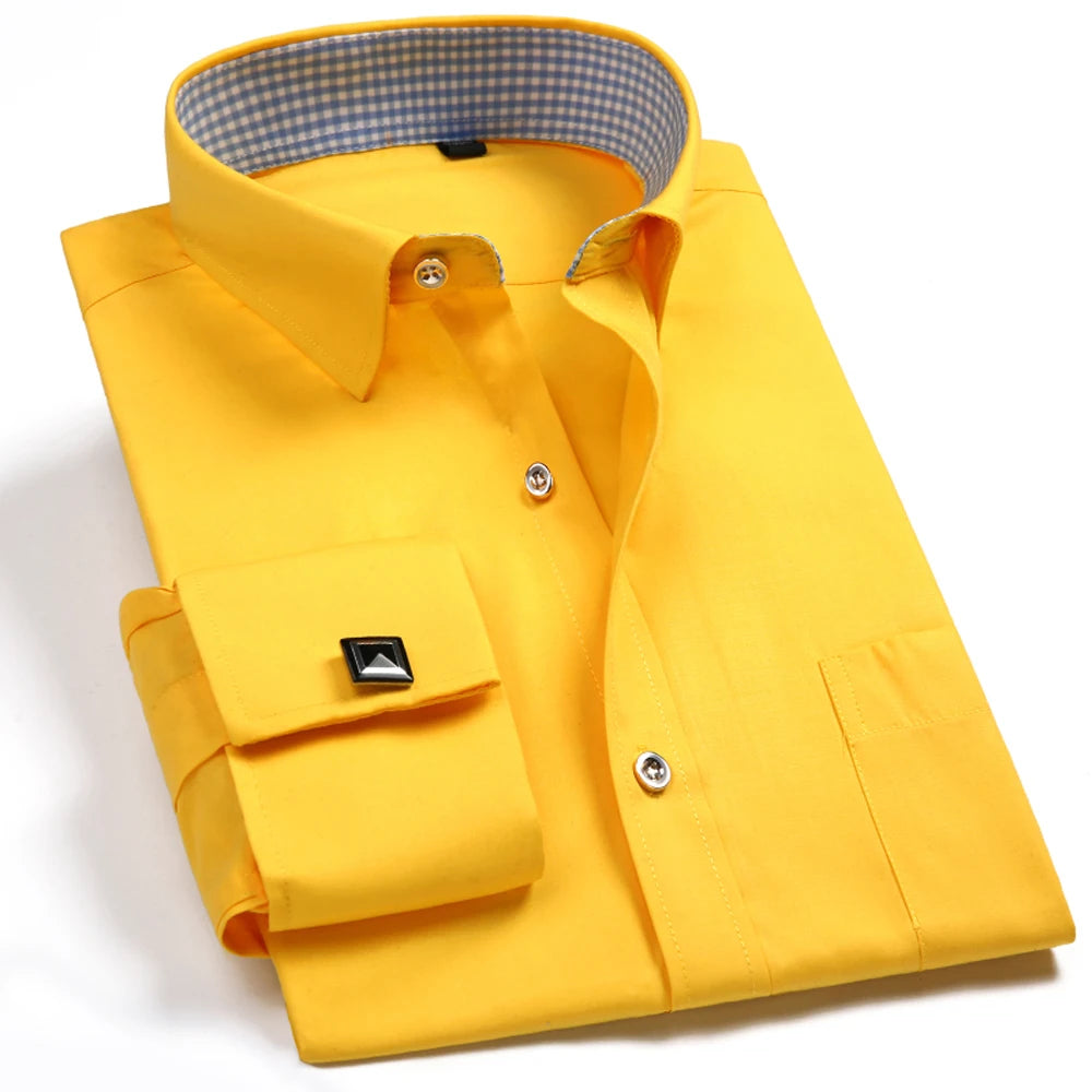 Men's Classic French Cuffs Striped Dress Shirt Single Patch Pocket Standard-fit Long Sleeve Wedding Shirts (Cufflink Included)
